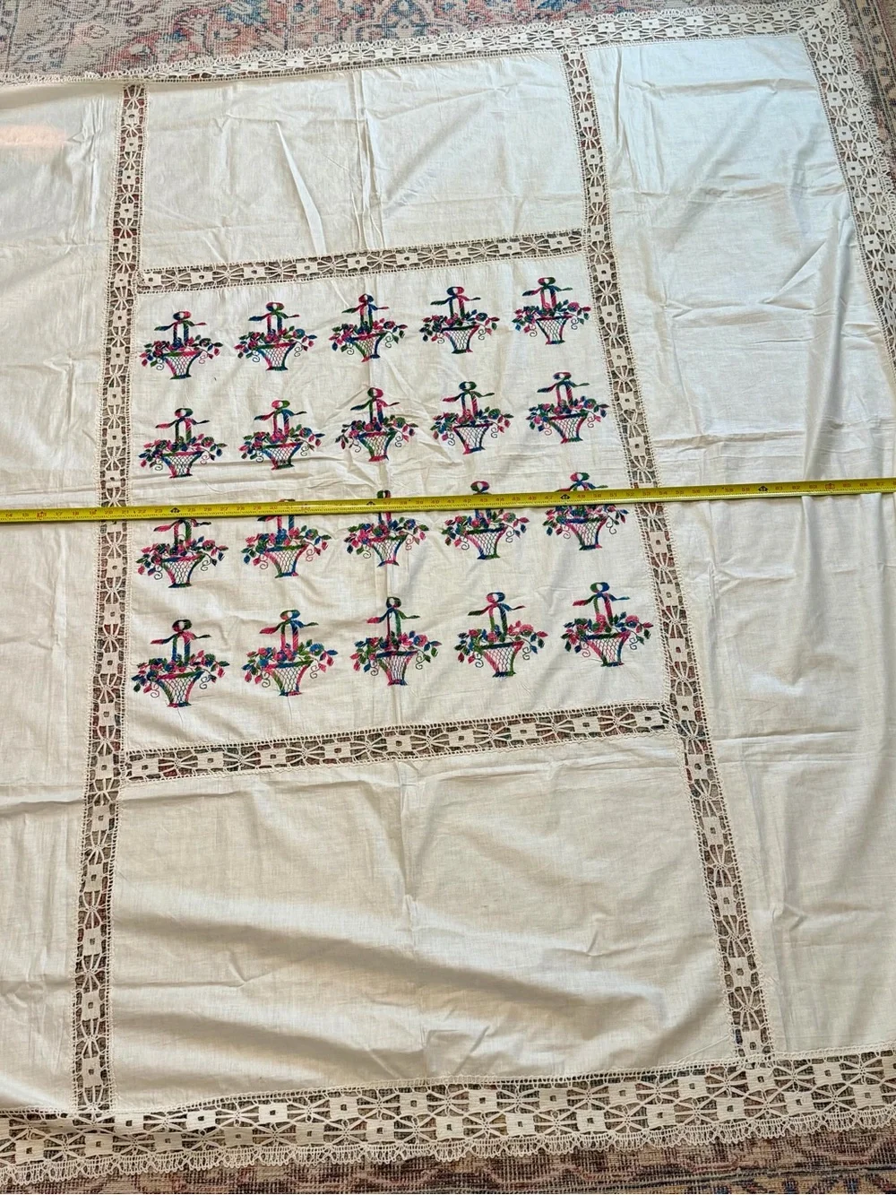 Vintage Wedding Basket Handmade Embroidered Linen Lace Tablecloth 72x77